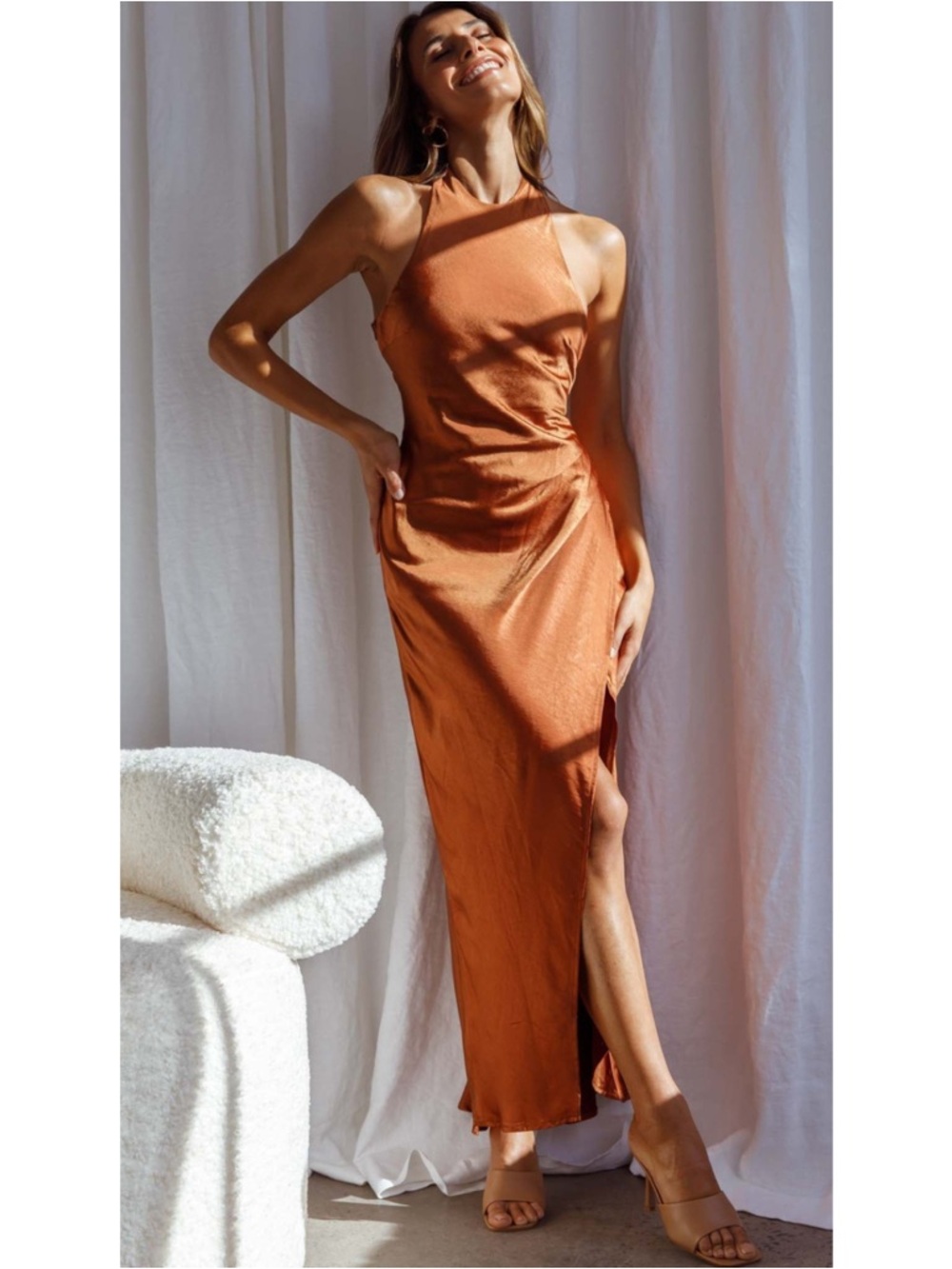Selfie Leslie Burnt Orange Satin High Slit Halter Maxi Dress Size L